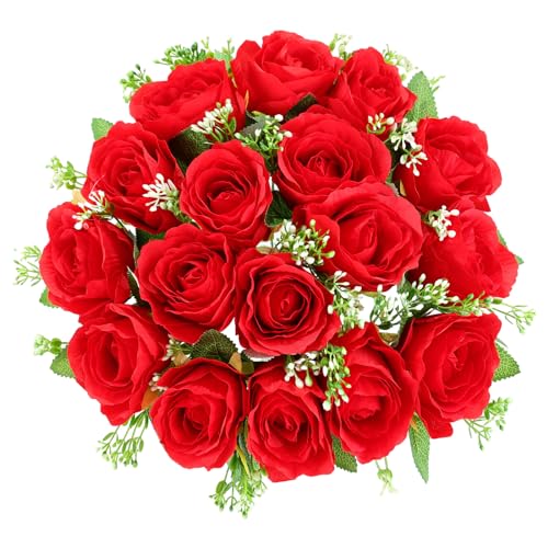 CUQRY Cemetery Flowers for Grave 18 Silk Artificial Flowers for Cemetery Red Memorial Roses Flowers for Headstones Gravesite Grave Vase Funeral Decorations