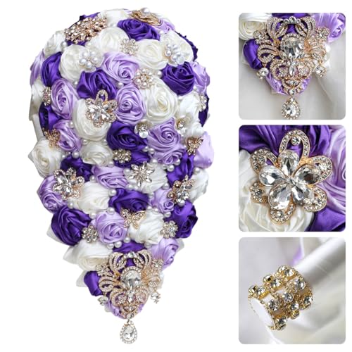 "Mhojpik Luxury Cascade Bridal Wedding Bouquet Satin Rose Waterfall Holding Bouquet Artificial Flower Bunch for Bride Bridesmaid(Ivory, Purple & Light Purple, 15"" x 7.5"")"
