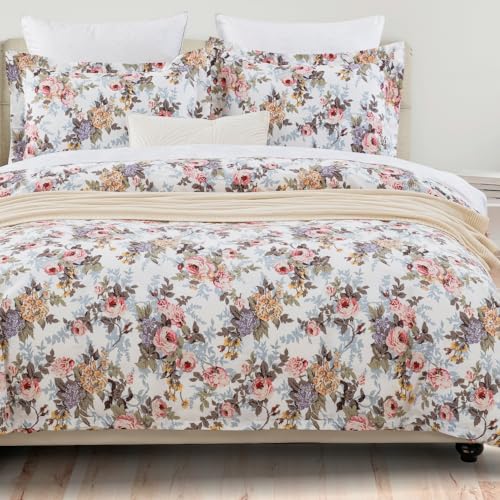 "DAUAOTO King Size Patterned Duvet Cover Set - 104""x90"" Cover + 2 Shams, 100% Cotton Printed Bedding Sets, Country Rustic Rose Pattern"