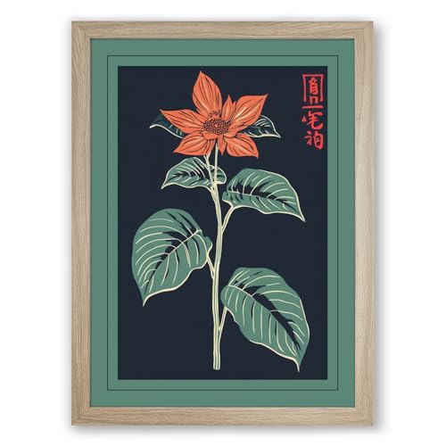 Rust Bloom on Navy Botanical Framed Wall Art Print A4 (29.7×21cm) Oak, Wall Decor for Living Room, Bedroom, Office & Home, Ready to Hang, Art Gift