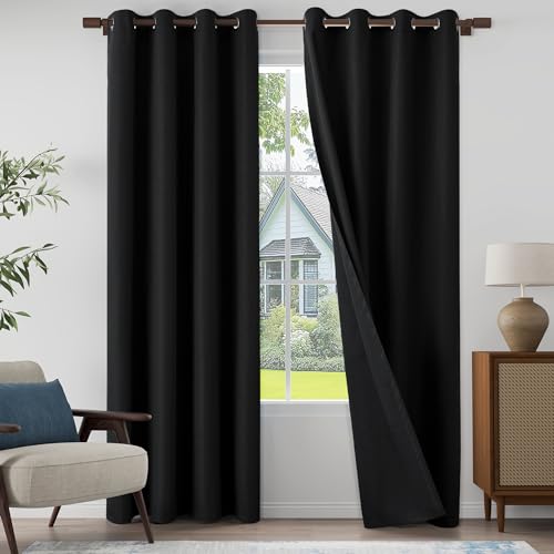 "100% Blackout Linen Textured Curtains 95 Inch Length 2 Panels Set for Living Room, Bedroom, Light Weight Curtains with Grommets Top, Full Blackout Curtains Privacy Protection, Black, 52"" W x 95"" L"