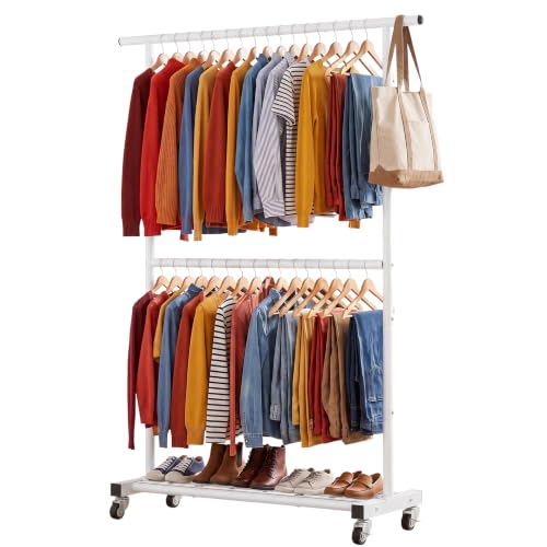 Sywhitta Double Rod Clothing Garment Rack, Rolling Coat Hanger with Bottom Mesh, Clothing Rack for Hanging Clothes, Coats, Skirts, Sweaters, White