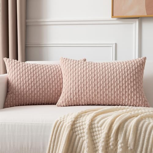 Kevin Textile Pack of 2 Corduroy Decorative Throw Pillow Covers 12x20 Inch Soft Boho Striped Pillow Covers Modern Farmhouse Home Decor for Spring Sofa Living Room Couch Bed Pink