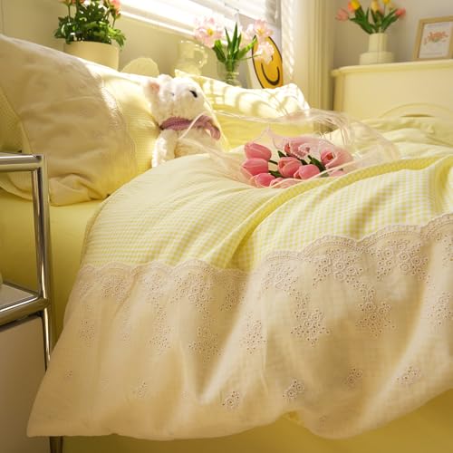 LifeTB Yellow Gingham Duvet Cover Twin 3 Pieces Romantic Lace Comforter Cover Soft Microfiber Cream Yellow Grid Duvet Cover Farmhouse Plaid Checkered Comforter Cover Grid Gingham Bedding Set