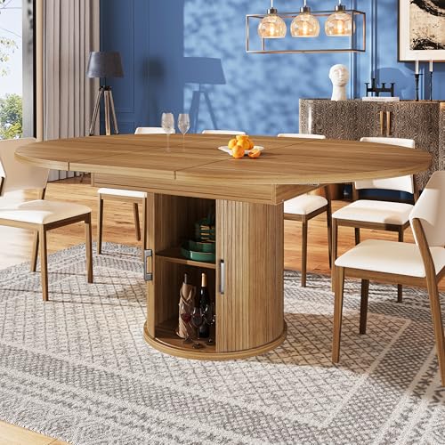 FAVSH Extendable Dining Table with Sliding Storage Door,Extendable Table Top Round Dining Table,Extends to Oval,118–158 cm,Seats Up to 6 People,for Small Space,Dining Room,Walnut