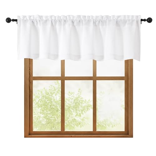 OWENIE White Valances for Windows 1 Pcs, Light Filtering Textured Farmhouse Short Small Valance Curtains for Bathroom Basement Living Room Bedroom, Rod Pocket Half Curtains Over Sink, 60Wx14L Inch