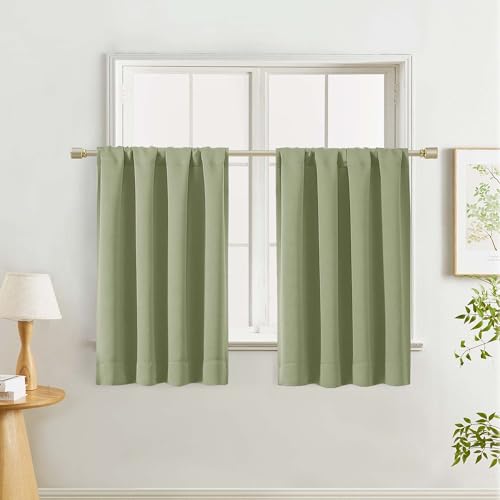 "Lecloud Sage Green Kitchen Curtains 36 Inch Length 2 Panels, Soft Privacy Window Short Curtains, Thermal Insulated Rod Pocket Curtain Tiers for Kitchen Bedroom Bathroom Small Windows, 40"" W x 36"" L"