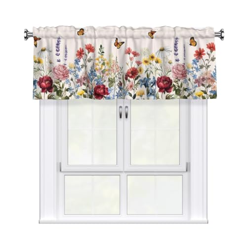 Granbey Floral Valances for Windows Spring Summer Wildflower Kitchen Curtain Farmhouse Rustic Valance with Rod Pocket Design Light Filtering Polyester Valance 54 x 18 Inch, 1 Pack