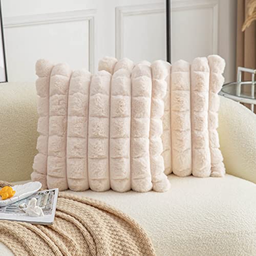 Neelvin Beige Faux Fur Cozy Soft Plaid Decorative Throw Pillow Covers 18x18 inch（45x45cm） Set of 2,Velvet Pillowcase Cushion Case for Sofa Couch