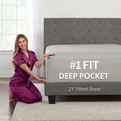 King Fitted Sheet Deep Pocket – Extra Deep Pocket Fitted Sheet King Size 17” - 21” Inch + Fitted Bed Sheets Only - King Size Fitted Sheets with Deep Pockets for Pillow Top Mattress - Fitted Light Gray
