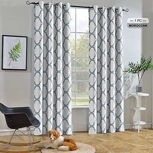 Melodieux Moroccan Fashion Thermal Insulated Grommet Room Darkening Curtains for Living Room, 52 by 96 Inch, Off White/Dusty Teal (1 Panel)