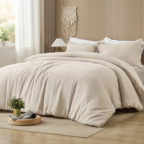 "PHF Cotton Muslin Comforter Set Twin ??? 100% Cotton Cover, Ultra Soft & Breathable, 2PCS Lightweight All-Season Bedding with Polyester Fill, 1 Comforter 68""x90"" & 1 Pillow Sham 20""x26"", Natural"