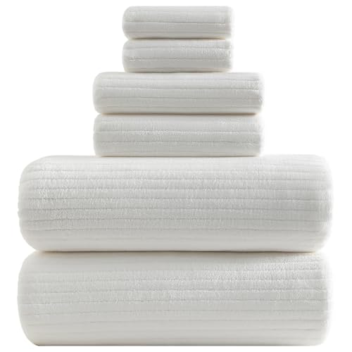 YTYC 39x78 Bath Sheets Extra Large Bath Towels Set for Adults Super Soft Absorbent Striped Microfiber Oversized Bathroom Towels - White, 6 PCS