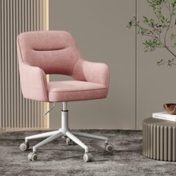 MALOL Fabric Office Chair with Armrest, Hollow Backrest Desk Chair, Swivel Makeup Vanity Chair with Height Adjustable for Home Office, Bedroom, Study (Pink)