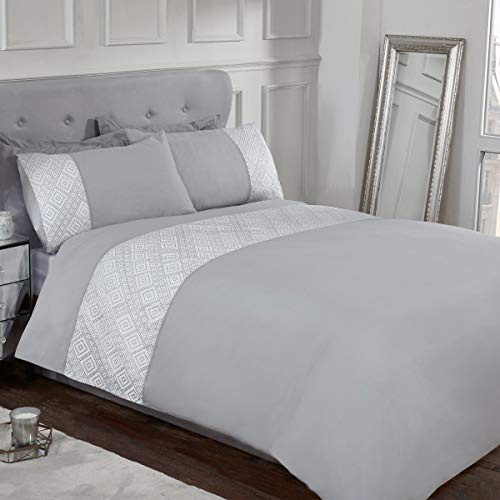 Sleepdown 3D Geometric Luxury Lurex Jacquard Cuff Panel Band Grey Soft Easy Care Duvet Cover Quilt Bedding Set with Pillowcases - King (220cm x 230cm), 5056242802006