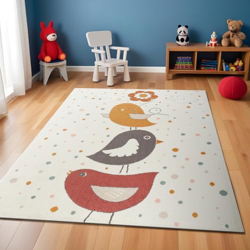 Livabliss Pioupiou Birds Kids Carpet 160x213 cm, Soft Animal Design for Bedroom, Nursery & Playroom, Easy Care Kids Floor Covering, Ivory Mustard Pink