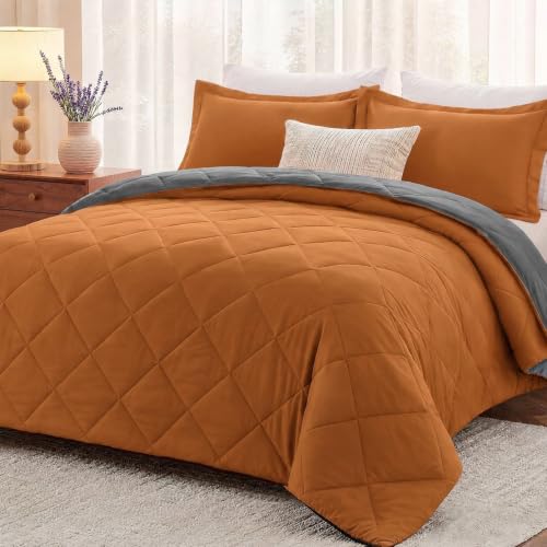 "downluxe Queen Comforter Set - Burnt Orange and Grey Queen Comforter, Soft Bedding Sets for All Seasons -3 Pieces - 1 Comforter (88""x92"") and 2 Pillow Shams(20""x26"")"