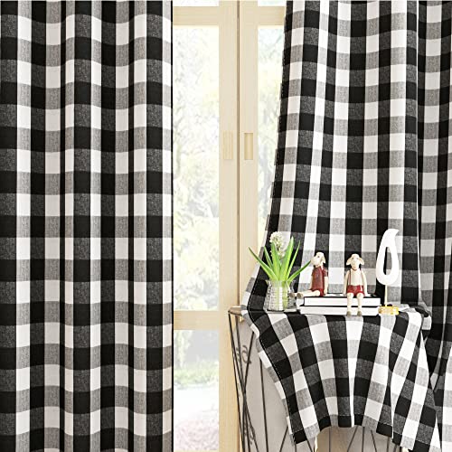"UPOPO Buffalo Check Window Curtains 63 inches Long Living Room Cotton Curtain Panels Bedroom Plaid Gingham Farmhouse Decor Curtains Rod Pocket Kitchen Bathroom Basement 2 Panels Black White 52""x63"""