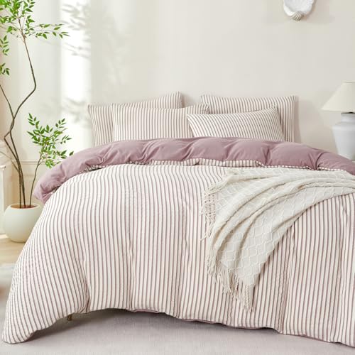Duvet Cover King Set Striped Washed Microfiber Jacquard 3 Pieces Bedding Set, Grayish Purple Vertical Ticking Stripes Pattern Comforter Cover with Zipper Closure Breathable Durable Soft Comfy
