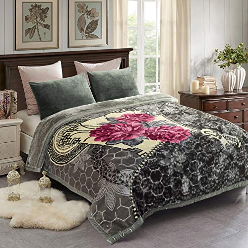 "JML Fleece Blanket, Plush Blanket King Size 85"" x 93"", 10 Pounds Heavy Korean Style Mink Blanket - Silky Soft and Warm, 2 Ply A&B Printed Raschel Bed Blanket, Grey Red Floral"