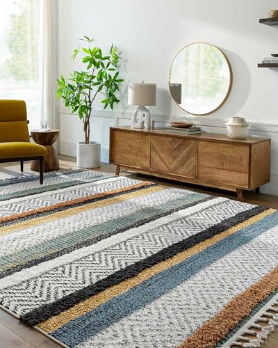 Livabliss Cascadena Akabli Shaggy Design – Modern Berber Style Living Room 200x275 cm, Soft Fluffy Bedroom Use, Neutral Boho Look, Plush Thick Pile, Ivory Mustard Blue Orange