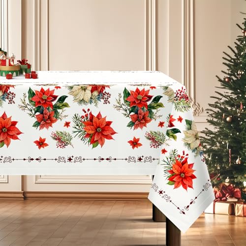 Arquiel Christmas Floral Table Cloth, Rectangle Xmas Flower Table Cloth Waterproof, Wrinkle Resistant Decorative Table Cover for Christmas Party Holiday Winter Home Decor(Red, 140x180cm)