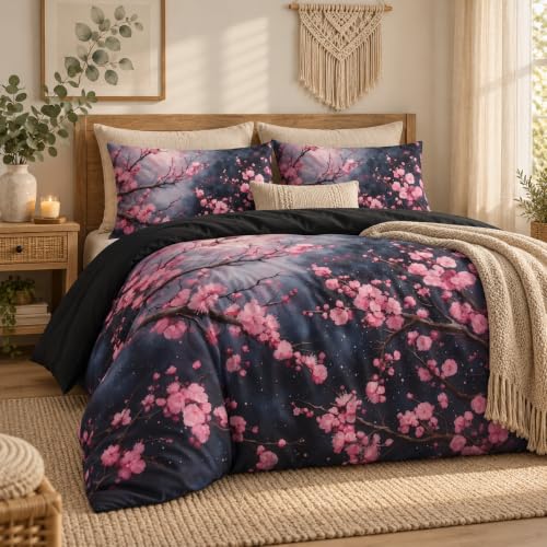 CCoutueChen Japanese Style Cherry Blossoms Comforter Set King Size Black Floral Bedding Set Aesthetic Painting Artwork Comforter 3Pcs Ultra Soft Down Alternative Comforter with 2 Pillowcases