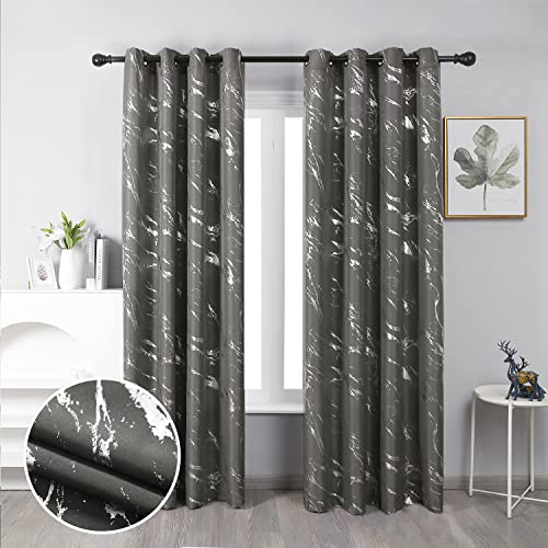 "Taisier Home Silver Foil Print Linen Textured Curtains - Geometric Marble Pattern Design for Nursery - Light Filtering Window Treatment, 2 Panels, 63"" L, Dark Grey and Silver"