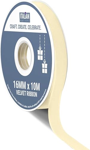 Italian Options Velvet Ribbon, Luxury, Single-Face Velvet Ribbon for Crafting, Christmas, Bows, Hair, Cakes, Weddings, Ornaments, Gift Wrapping, Flowers, 16mm x 10 Metre Roll, Antique Ivory