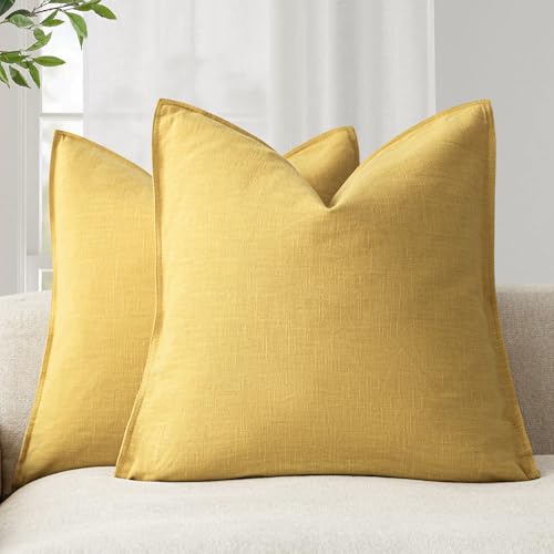 Foindtower Pack of 2, Decorative Linen Soild Throw Pillow Covers Soft Accent Euro Cushion Case Boho Farmhouse Pillowcase for Chair Couch Sofa Bedroom Living Room Home Decor 18 x 18 Inch Ginger Yellow