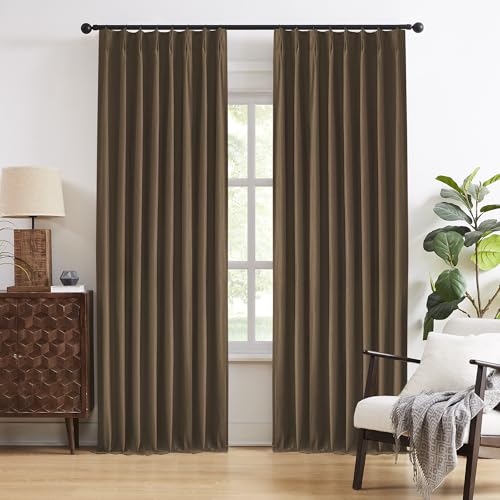 "DUALIFE Chocolate Brown Pinch Pleated Blackout Curtains 95 Inches Long, Back Tab with Hooks, Linen Full Black Out Thermal Insulated Track Curtain for Bedroom Living Room,50"" Wx95 L, 2 Panels"