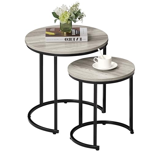 Vida Designs Brooklyn Nest of 2 Round Tables Living Room Stacking side End Tables Metal Frame (Grey)