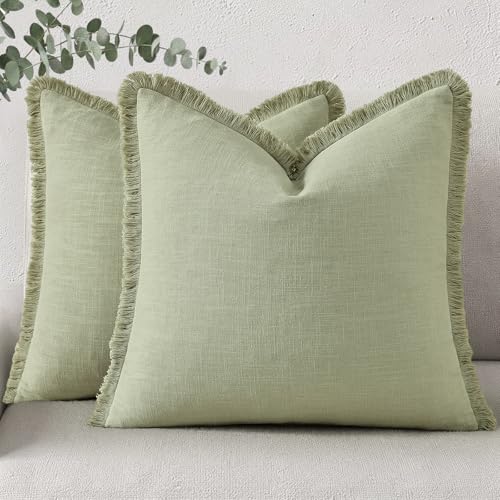 decorUhome Spring Decorative Linen Fringe Throw Pillow Covers 18x18 Set of 2, Cozy Boho Farmhouse Cushion Cover Soft Accent Pillow Case for Couch Sofa Bed Living Room, Sage Green