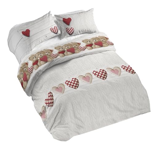 PENSIERI DELICATI 100% Cotton Double Duvet Cover Set, Complete with 250 x 200 cm Sleeping Bag and 2 Pillowcases 52 x 82 cm, Made in Italy, Duvet Cover Machine Washable At 40 Degrees, Red Bears Design