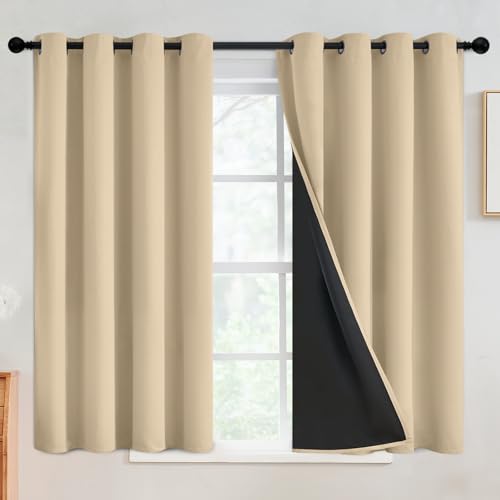 SimpleHome Beige 100% Blackout Curtains Room Darkening Living Room 45 Inch - Curtains for Bedroom,Thermal Insulated Grommet Window Drapes,Curtains for Living Room with Black Back,52 x 45 Inch,2 Panels