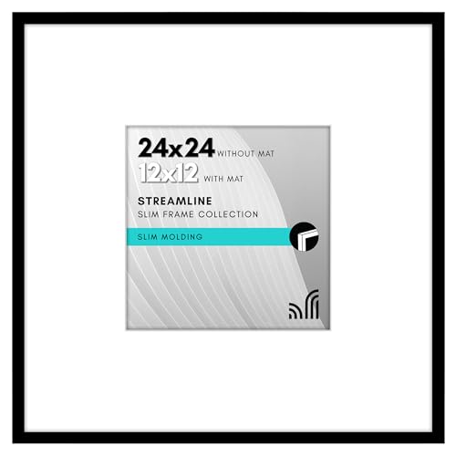 Americanflat 24x24 Picture Frame with Polished Plexiglass - Use as 12x12 Frame with Mat or 24x24 Frame Without Mat - Streamline Collection - Thin Square Picture Frame for Wall Display - Black