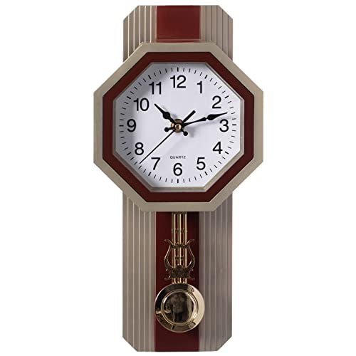 Clockswise Traditional Beige Round Wood- Looking Pendulum Plastic Wall Clock for Living Room, Kitchen, or Dining Room