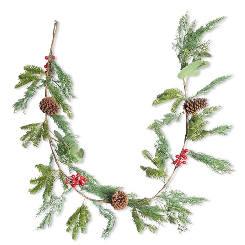 SHATHCI 180CM Cedar Garland with Red Berry and Pinecone – Artificial Cedar Christmas Wreath, Holiday Front Door Decoration, Festive Winter Berry Door Wreath for Xmas Home Décor