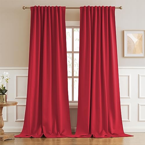 DUALIFE Extra Long Blackout Curtains Living Room Darkening Thermal Insulated Drapes for High Ceilings, Rod Pocket Back Loop 52x132 Inch, 2 Panels, Red
