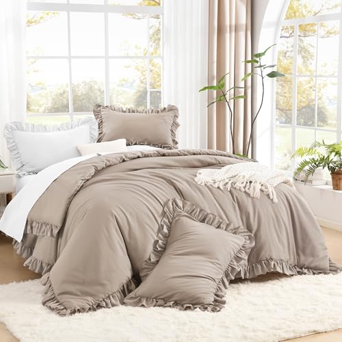 Litanika Queen Comforter Set, 3 Pieces Light Coffee Ruffle Bedding Set - Farmhouse Shabby Chic Aesthetic Soft Fluffy Lightweight Breathable Bed Set for Girls Women Room Decor Gift All Season