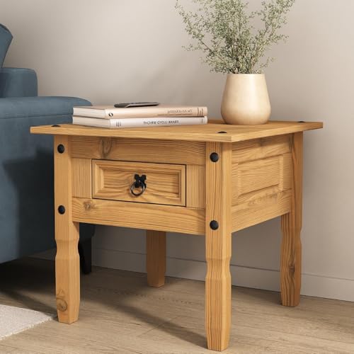 Corona 1 Drawer Lamp Table Mexican Solid Pine with Black Metal Hardware Waxed Finish W 58cm x D 58cm x H 52cm