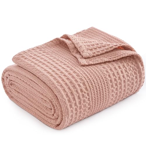"PHF Lightweight Waffle Weave Blanket Queen Size, Breathable & Ultra Soft, 90""x 90"" Soft & Cozy Thin Blanket for Spring & Summer & Hot Sleepers, Bed, Home Decor - Rose Pink"