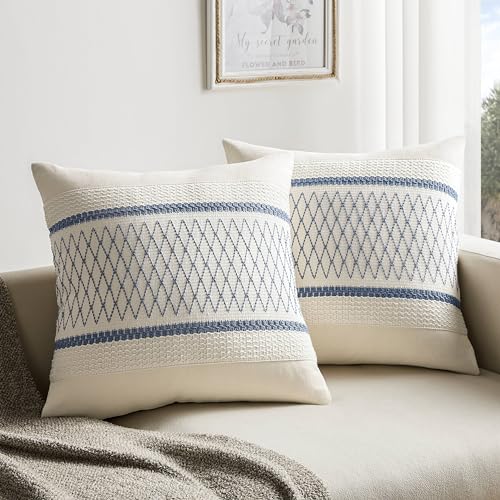 ZeeMart 2 Pack Boho Throw Pillow Covers, Grid Blue 18x18in - Soft Breathable Cotton, Farmhouse Decorative Couch Pillow Cases, Cushion Covers for Sofa Bed Living Room Home Decor