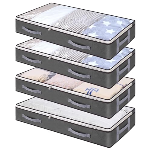 Woobroo 4-Piece Under-Bed Storage Set - 75L Large Capacity with Handles, Dual Zippers, and Transparent Lid for Blankets, Clothes, and Duvets