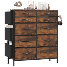Feonase Tall Chest of Drawers, 10 Fabric Drawers Dresser with 3 Side Pockets & Hooks, Metal Frame, MDF Top Board, Versatile Organizer Storage Unit for Bedroom, Living Room, Rustic Brown