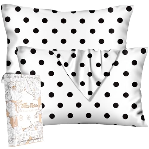 "Miss Adola Silk Pillowcase 2 Pack - Pillow Cases 20"" x 30"" Queen Size Set of 2 for Hair and Skin Smooth Soft Breathable with Hidden Zipper Cooling Pillow Covers for Sleeping, White Black dot"