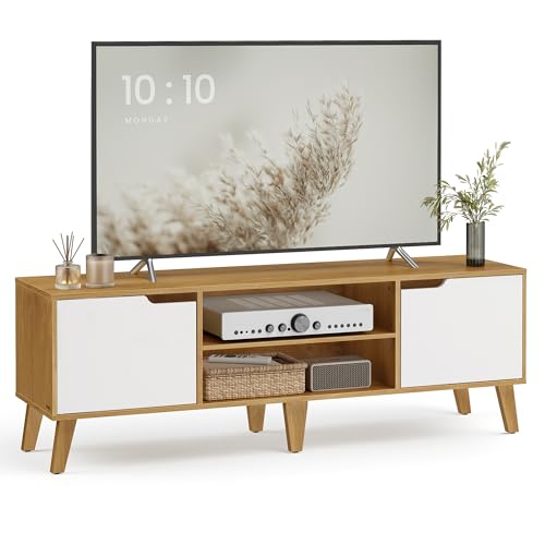VASAGLE TV Stand Unit, Entertainment Center with Adjustable Shelf, for 65 Inch TVs, 147 cm Long Media Console Table, Transitional Style, for Living Room, Bedroom, Natural Oak and Cream White LTV556Y01