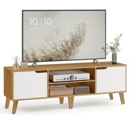 VASAGLE TV Stand Unit, Entertainment Center with Adjustable Shelf, for 65 Inch TVs, 147 cm Long Media Console Table, Transitional Style, for Living Room, Bedroom, Natural Oak and Cream White LTV556Y01