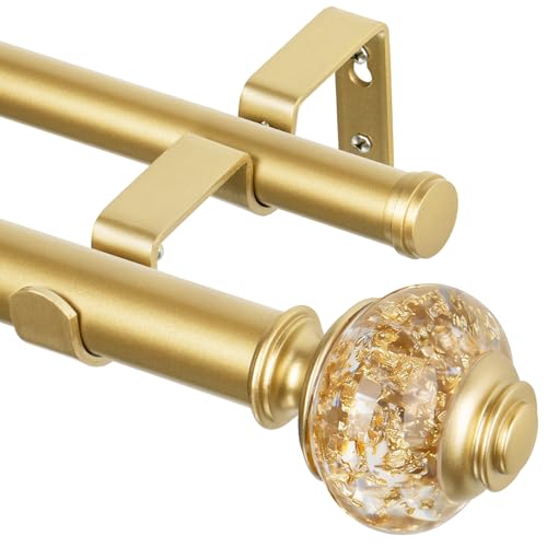 1 Inch Gold Double Curtain Rods 36 to 72 Inches (3 to 6 ft), USFOOK Drapery Rods for Windows, Telescoping Dual Curtain Rod with Luxury Translucent Finials
