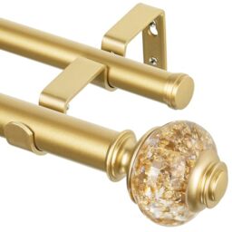 1 Inch Gold Double Curtain Rods 36 to 72 Inches (3 to 6 ft), USFOOK Drapery Rods for Windows, Telescoping Dual Curtain Rod with Luxury Translucent Finials